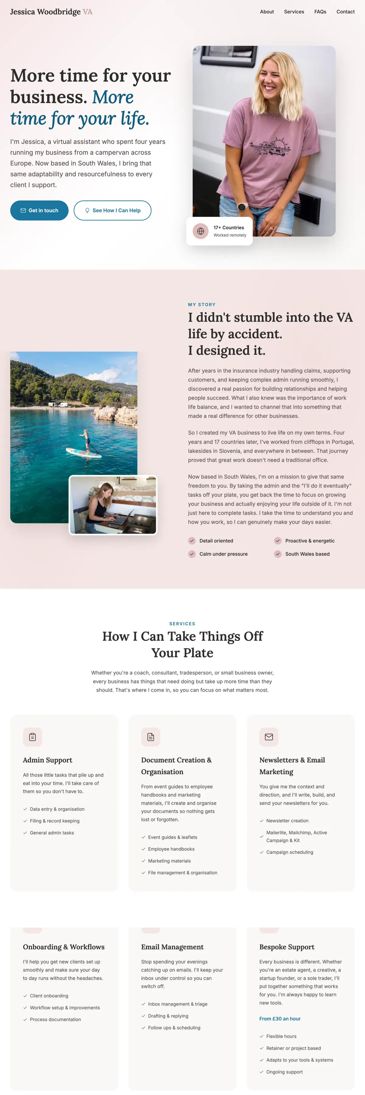 Full page screenshot of the Jessica Woodbridge VA website showing services for small business owners