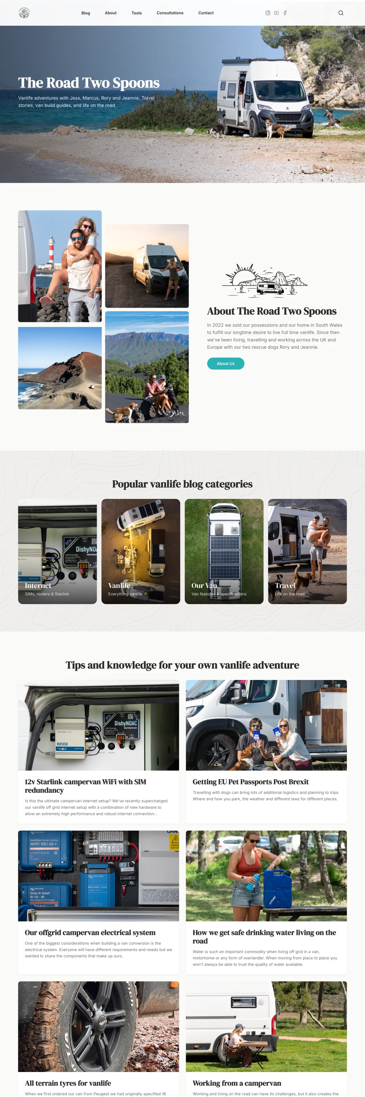 Full page screenshot of The Road Two Spoons website showing vanlife blog posts, travel guides, and campervan resources